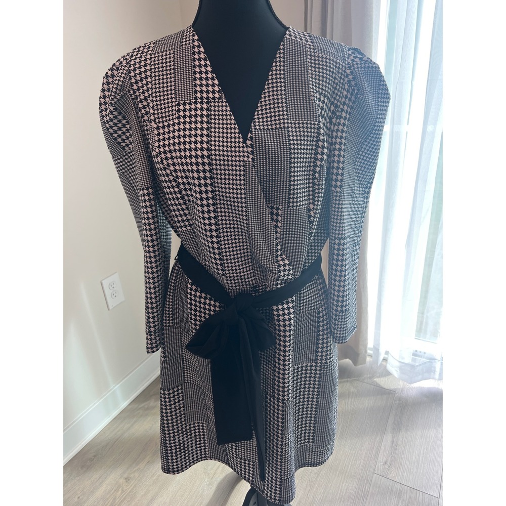 Sami & Jo Mixed Houndstooth Patchwork Dress Black White XL Long Sleeve Puff Wrap